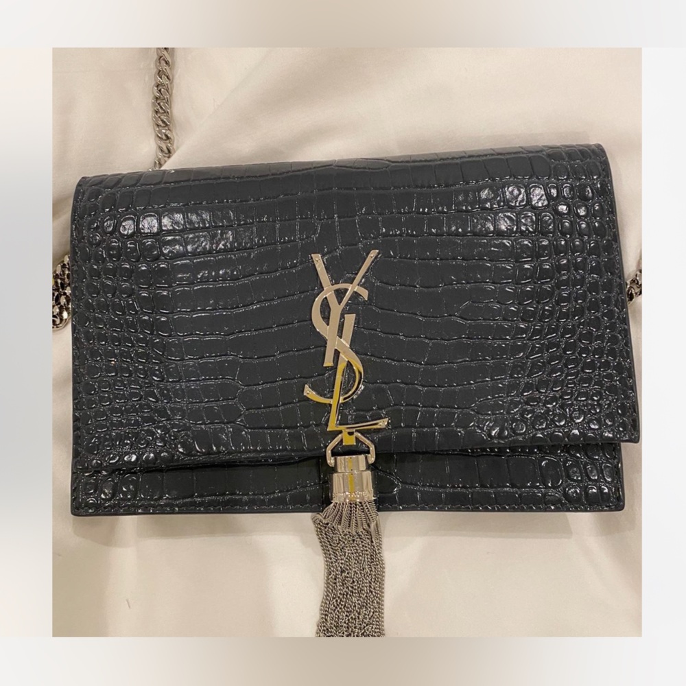 Yves Saint Laurent Black Croc-Embossed Wristlet